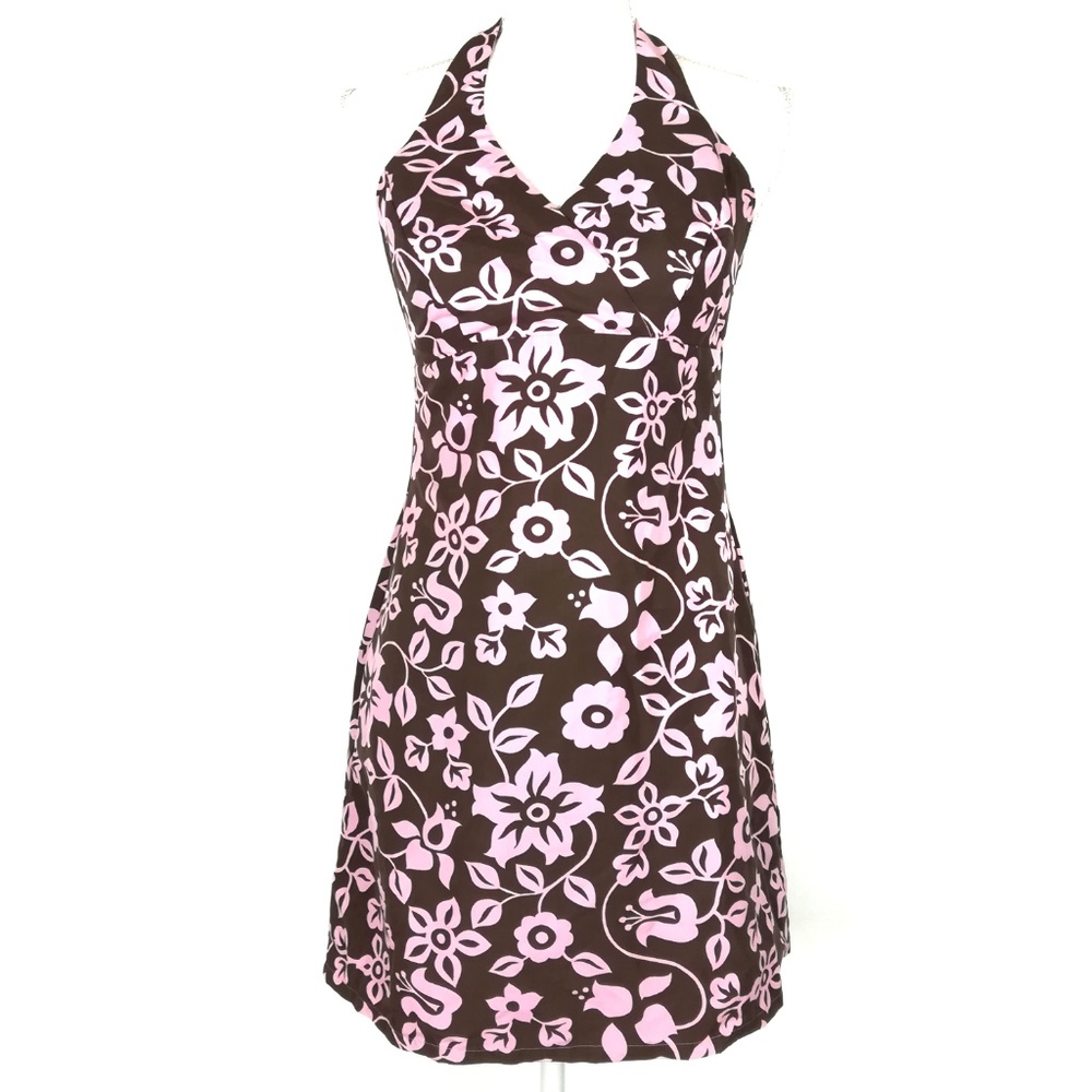 * halter sleeveless summer dress pink brown floral - Picture 2 of 8